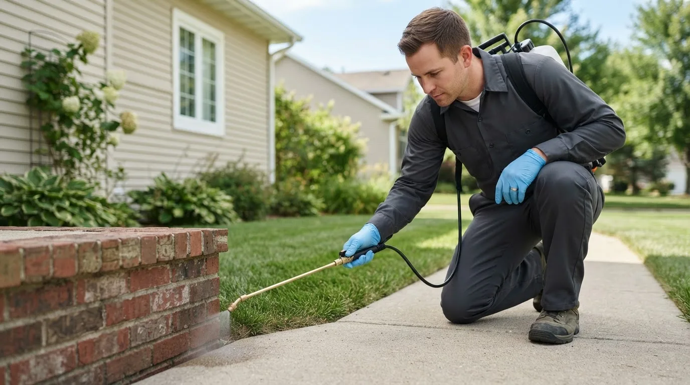 Pest control technician treating a home near West College Corner, IN