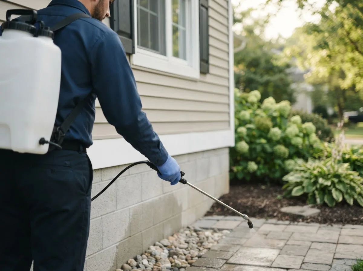 Pest control technician inspecting a home in West College Corner, IN